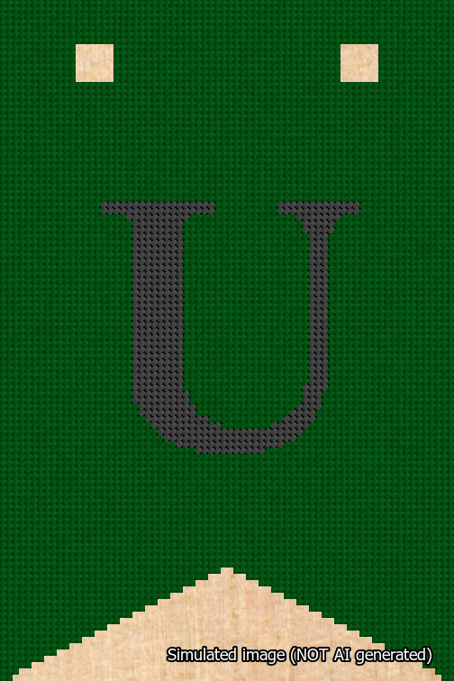 A simulated image of the stitched needlepoint design: Banner 18m Forked U Black on Green. Not A.I. generated.
