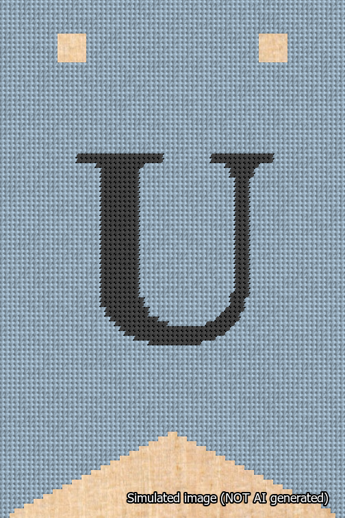 A simulated image of the stitched needlepoint design: Banner 18m Forked U Black on Light Blue. Not A.I. generated.