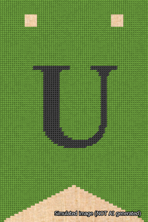 A simulated image of the stitched needlepoint design: Banner 18m Forked U Black on Light Green. Not A.I. generated.