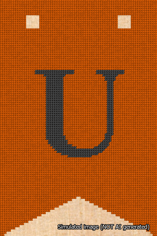 A simulated image of the stitched needlepoint design: Banner 18m Forked U Black on Orange. Not A.I. generated.