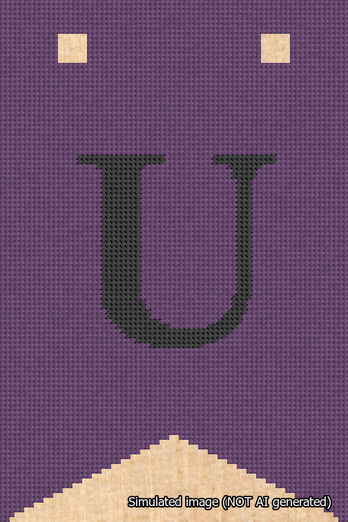 A simulated image of the stitched needlepoint design: Banner 18m Forked U Black on Purple. Not A.I. generated.