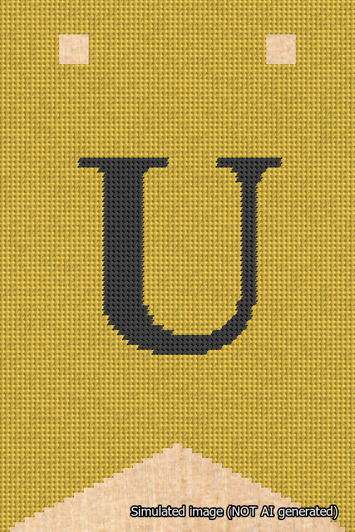 A simulated image of the stitched needlepoint design: Banner 18m Forked U Black on Yellow. Not A.I. generated.
