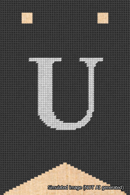 A simulated image of the stitched needlepoint design: Banner 18m Forked U White on Black. Not A.I. generated.