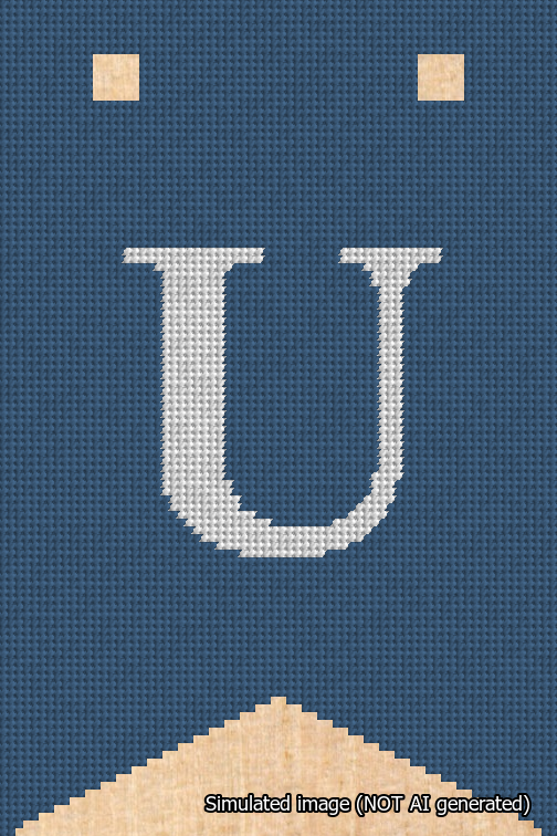 A simulated image of the stitched needlepoint design: Banner 18m Forked U White on Blue. Not A.I. generated.
