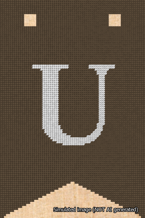 A simulated image of the stitched needlepoint design: Banner 18m Forked U White on Brown. Not A.I. generated.