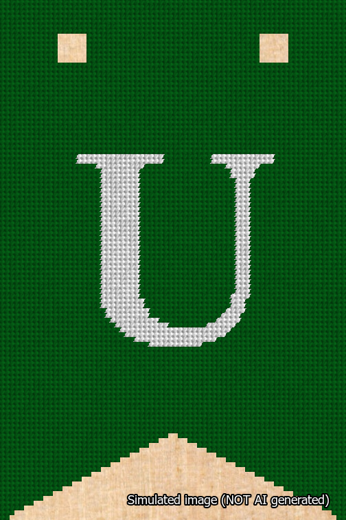 A simulated image of the stitched needlepoint design: Banner 18m Forked U White on Green. Not A.I. generated.