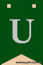 A simulated image of the stitched needlepoint design: Banner 18m Forked U White on Green. Not A.I. generated.
