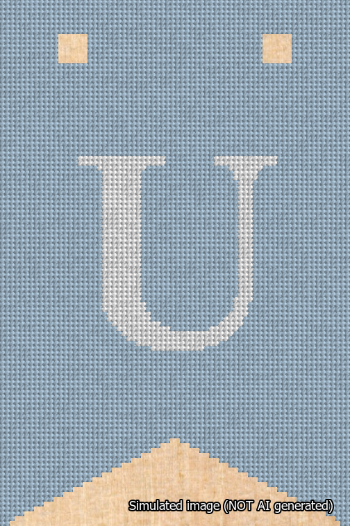 A simulated image of the stitched needlepoint design: Banner 18m Forked U White on Light Blue. Not A.I. generated.