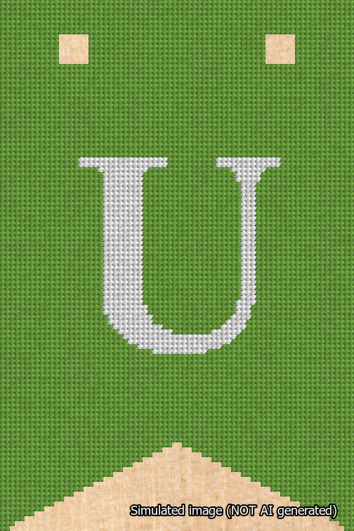 A simulated image of the stitched needlepoint design: Banner 18m Forked U White on Light Green. Not A.I. generated.