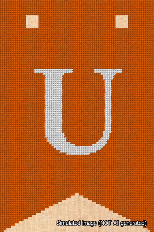 A simulated image of the stitched needlepoint design: Banner 18m Forked U White on Orange. Not A.I. generated.