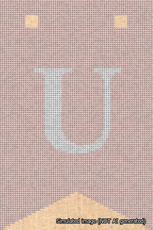 A simulated image of the stitched needlepoint design: Banner 18m Forked U White on Pink. Not A.I. generated.