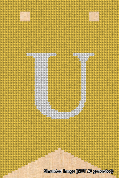 A simulated image of the stitched needlepoint design: Banner 18m Forked U White on Yellow. Not A.I. generated.