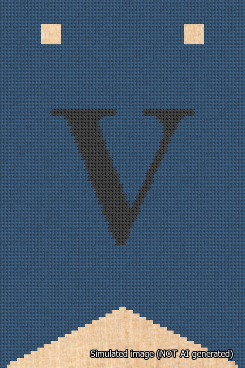 A simulated image of the stitched needlepoint design: Banner 18m Forked V Black on Blue. Not A.I. generated.