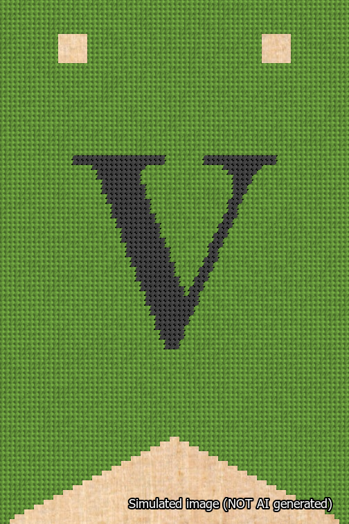 A simulated image of the stitched needlepoint design: Banner 18m Forked V Black on Light Green. Not A.I. generated.
