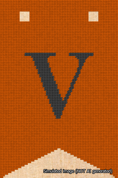 A simulated image of the stitched needlepoint design: Banner 18m Forked V Black on Orange. Not A.I. generated.