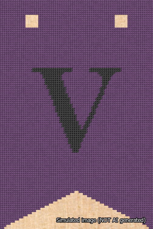 A simulated image of the stitched needlepoint design: Banner 18m Forked V Black on Purple. Not A.I. generated.