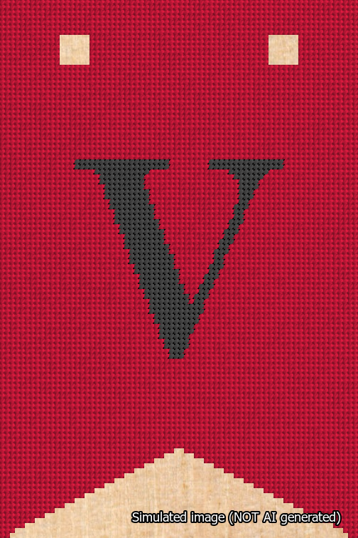 A simulated image of the stitched needlepoint design: Banner 18m Forked V Black on Red. Not A.I. generated.