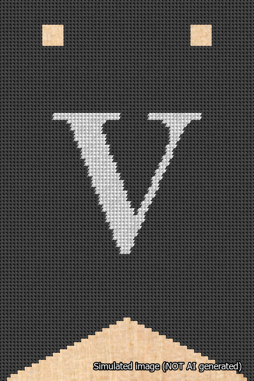 A simulated image of the stitched needlepoint design: Banner 18m Forked V White on Black. Not A.I. generated.