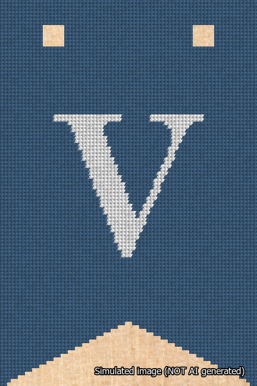 A simulated image of the stitched needlepoint design: Banner 18m Forked V White on Blue. Not A.I. generated.