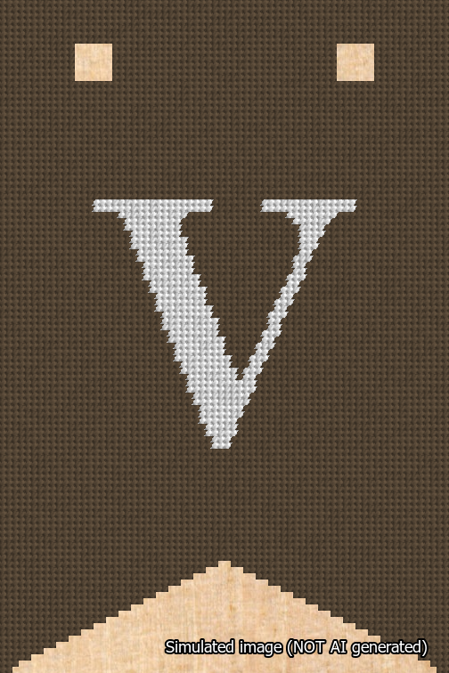 A simulated image of the stitched needlepoint design: Banner 18m Forked V White on Brown. Not A.I. generated.