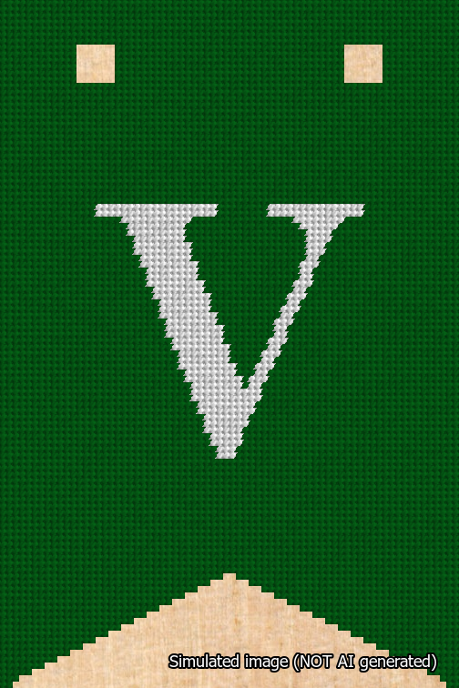 A simulated image of the stitched needlepoint design: Banner 18m Forked V White on Green. Not A.I. generated.
