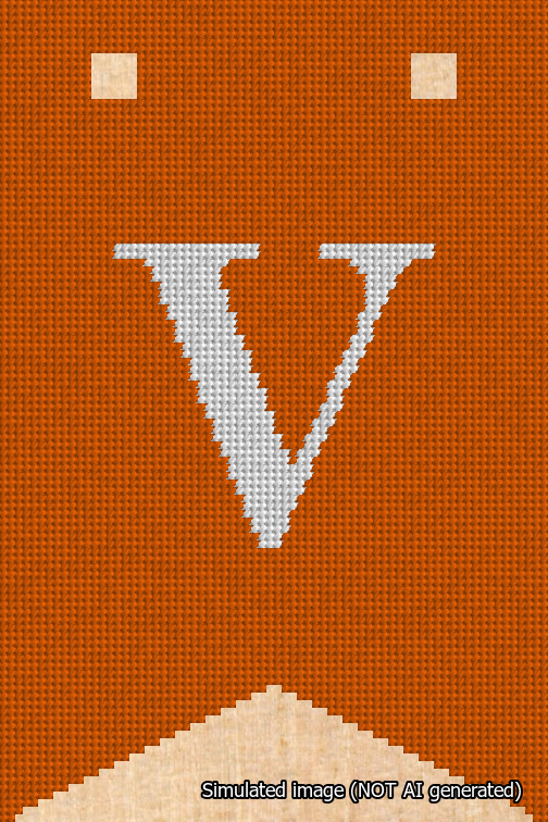 A simulated image of the stitched needlepoint design: Banner 18m Forked V White on Orange. Not A.I. generated.