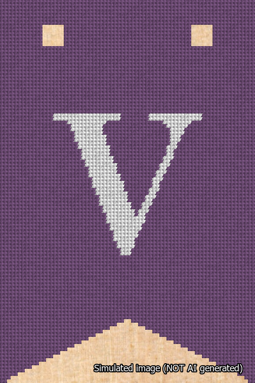 A simulated image of the stitched needlepoint design: Banner 18m Forked V White on Purple. Not A.I. generated.