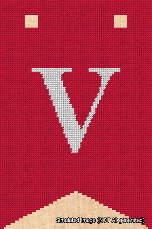 A simulated image of the stitched needlepoint design: Banner 18m Forked V White on Red. Not A.I. generated.
