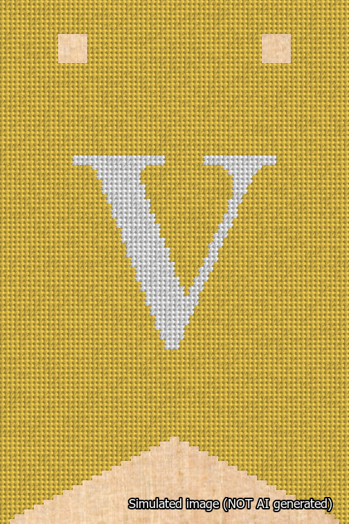 A simulated image of the stitched needlepoint design: Banner 18m Forked V White on Yellow. Not A.I. generated.