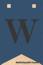 A simulated image of the stitched needlepoint design: Banner 18m Forked W Black on Blue. Not A.I. generated.