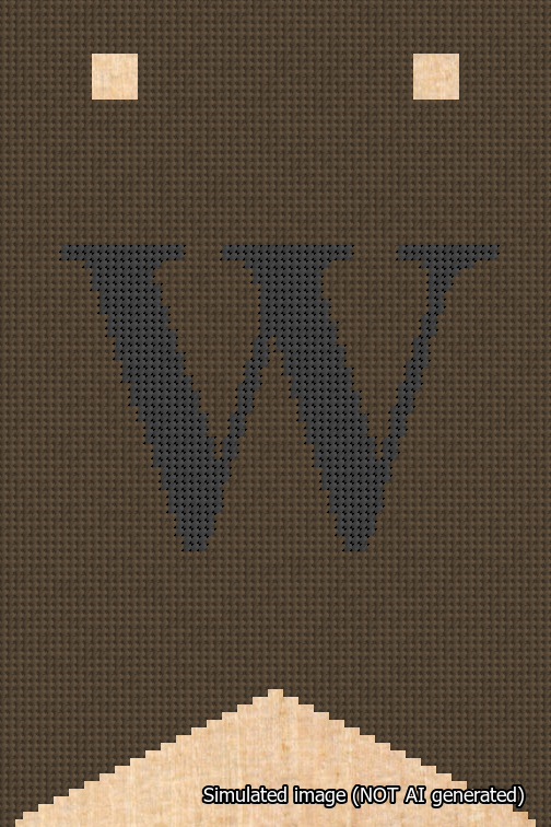 A simulated image of the stitched needlepoint design: Banner 18m Forked W Black on Brown. Not A.I. generated.