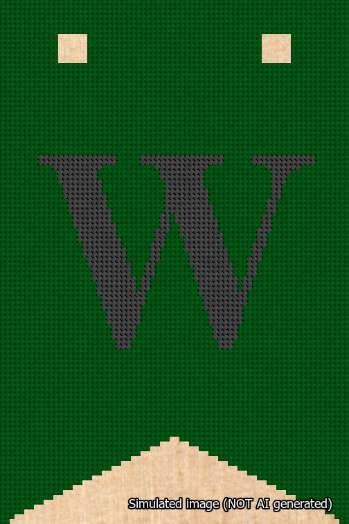 A simulated image of the stitched needlepoint design: Banner 18m Forked W Black on Green. Not A.I. generated.