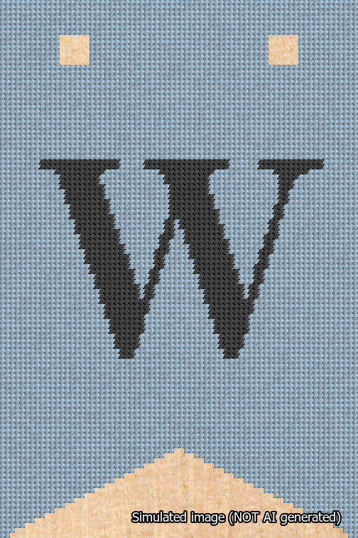 A simulated image of the stitched needlepoint design: Banner 18m Forked W Black on Light Blue. Not A.I. generated.