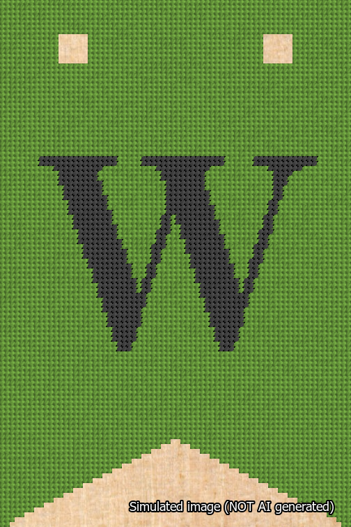 A simulated image of the stitched needlepoint design: Banner 18m Forked W Black on Light Green. Not A.I. generated.