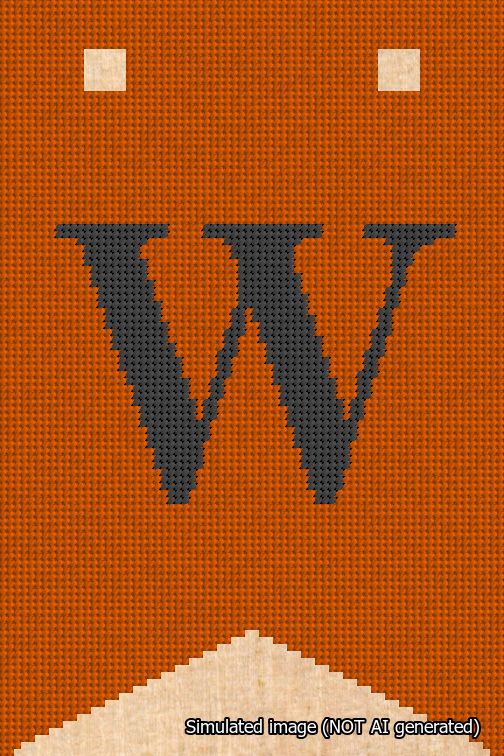 A simulated image of the stitched needlepoint design: Banner 18m Forked W Black on Orange. Not A.I. generated.