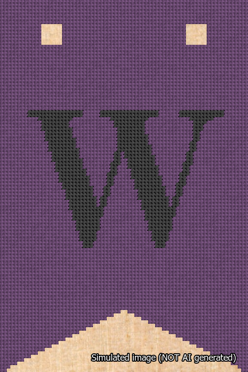 A simulated image of the stitched needlepoint design: Banner 18m Forked W Black on Purple. Not A.I. generated.