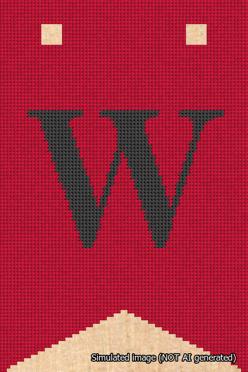 A simulated image of the stitched needlepoint design: Banner 18m Forked W Black on Red. Not A.I. generated.