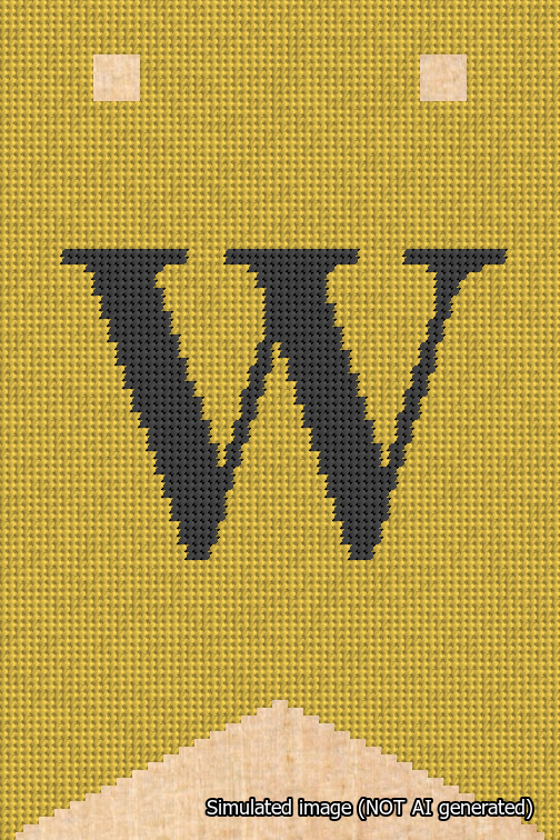 A simulated image of the stitched needlepoint design: Banner 18m Forked W Black on Yellow. Not A.I. generated.