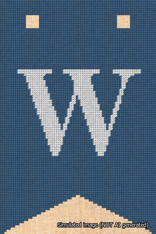 A simulated image of the stitched needlepoint design: Banner 18m Forked W White on Blue. Not A.I. generated.