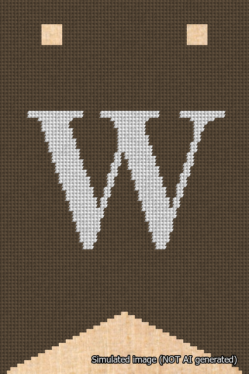 A simulated image of the stitched needlepoint design: Banner 18m Forked W White on Brown. Not A.I. generated.