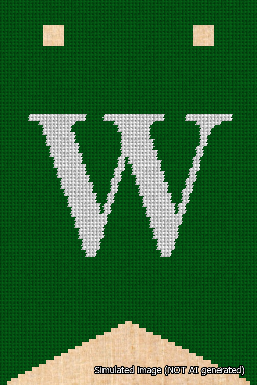 A simulated image of the stitched needlepoint design: Banner 18m Forked W White on Green. Not A.I. generated.