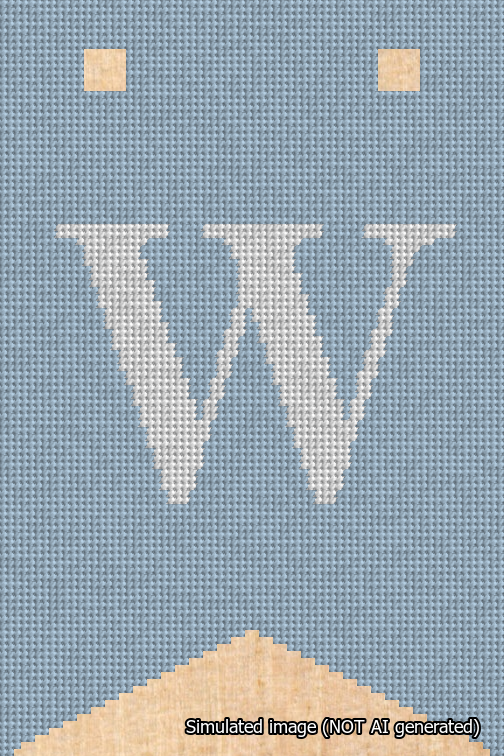 A simulated image of the stitched needlepoint design: Banner 18m Forked W White on Light Blue. Not A.I. generated.
