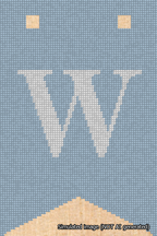 A simulated image of the stitched needlepoint design: Banner 18m Forked W White on Light Blue. Not A.I. generated.