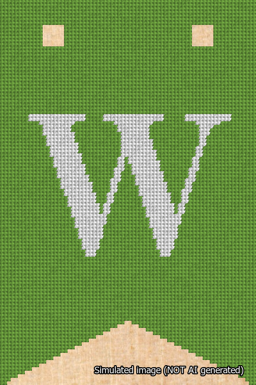 A simulated image of the stitched needlepoint design: Banner 18m Forked W White on Light Green. Not A.I. generated.