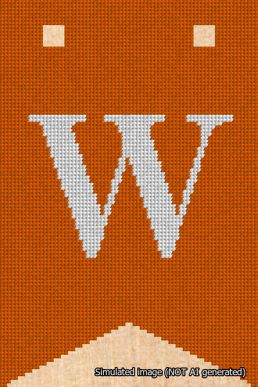 A simulated image of the stitched needlepoint design: Banner 18m Forked W White on Orange. Not A.I. generated.