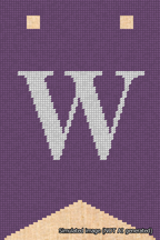 A simulated image of the stitched needlepoint design: Banner 18m Forked W White on Purple. Not A.I. generated.