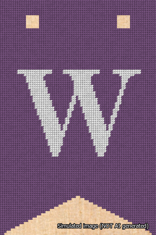 A simulated image of the stitched needlepoint design: Banner 18m Forked W White on Purple. Not A.I. generated.