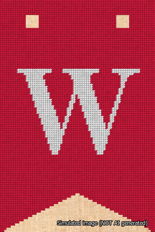 A simulated image of the stitched needlepoint design: Banner 18m Forked W White on Red. Not A.I. generated.
