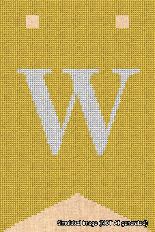 A simulated image of the stitched needlepoint design: Banner 18m Forked W White on Yellow. Not A.I. generated.