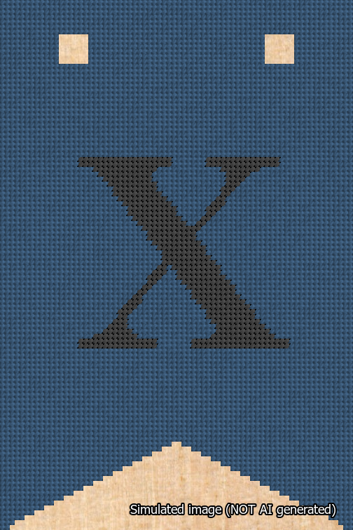 A simulated image of the stitched needlepoint design: Banner 18m Forked X Black on Blue. Not A.I. generated.